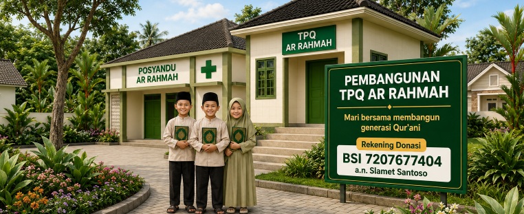 Ilustrasi Gedung TPQ Arrahmah dan Posyandu - Tampak depan bangunan dengan anak-anak memegang Al-Quran